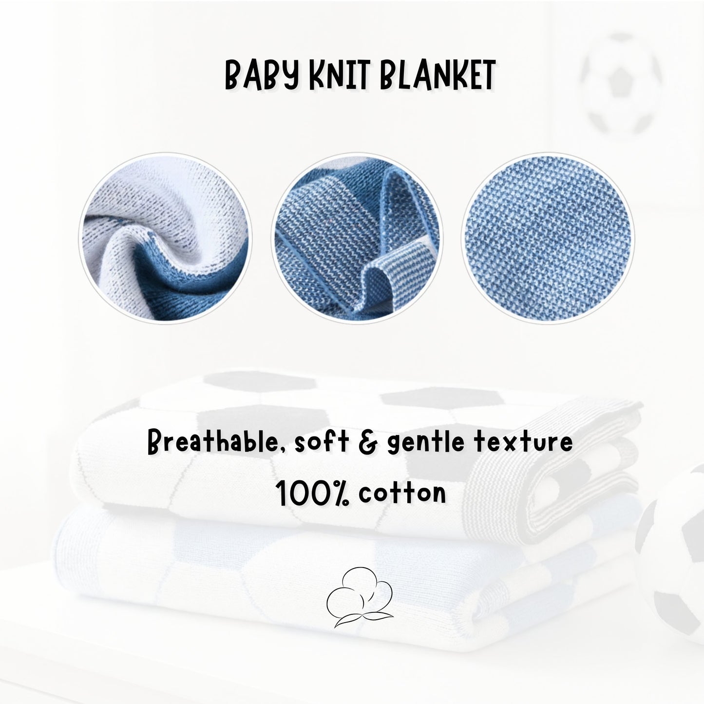 Coperta neonato a tema calcio in 100% cotone, traspirante e morbida, presentata con dettagli tessili e scritta promozionale.