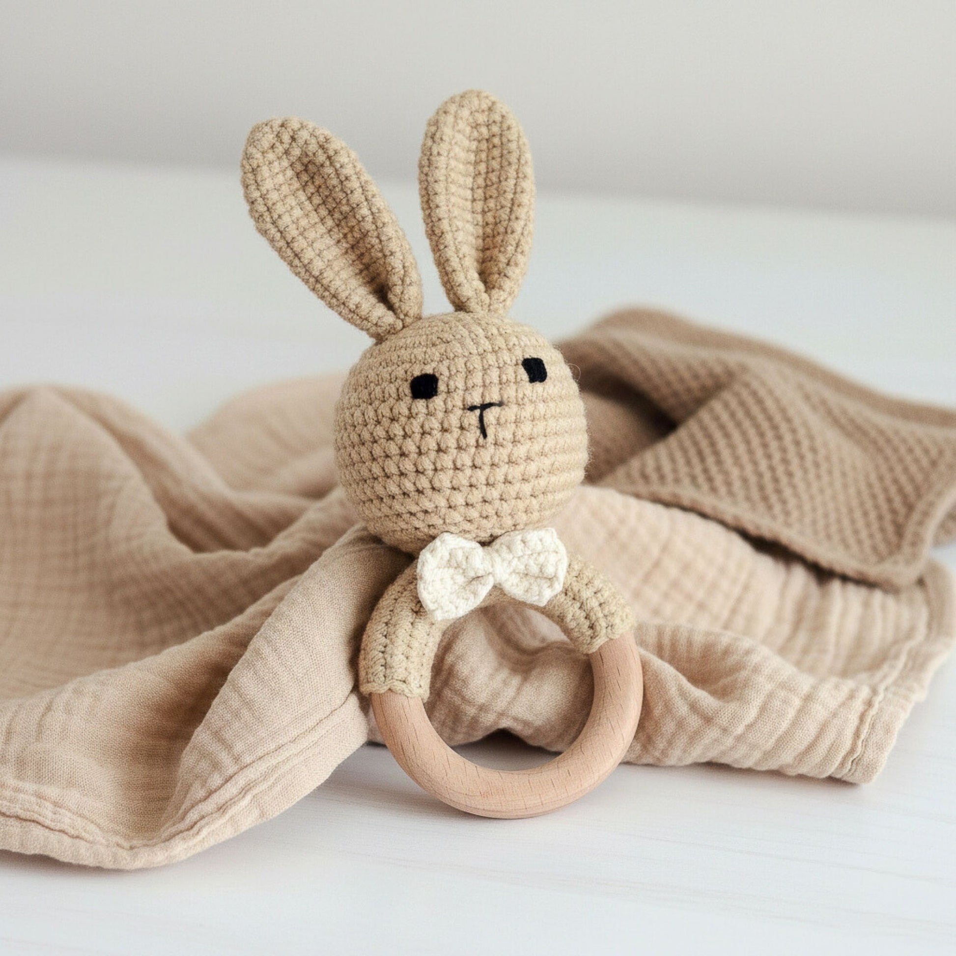 Sonaglio neonato coniglietto a forma di coniglio con anello in legno e testa in cotone lavorato a mano, su coperta beige in mussola.